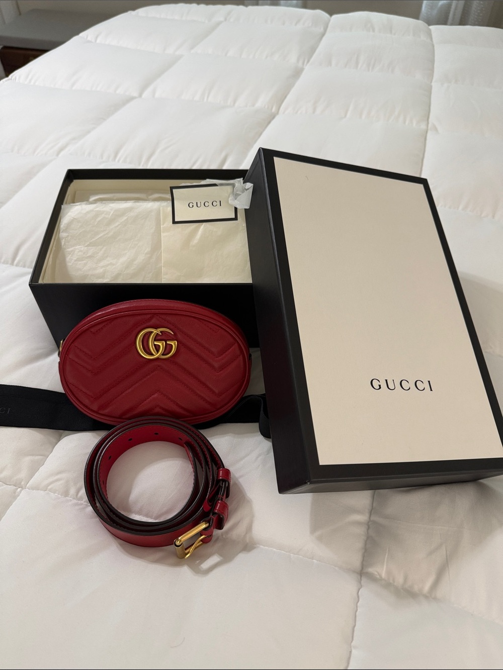 Authentic Gucci Red GG Marmont Quilted Leather Belt Bag